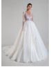 V Neck Ivory Lace Tulle Sequins Keyhole Back Wedding Dress